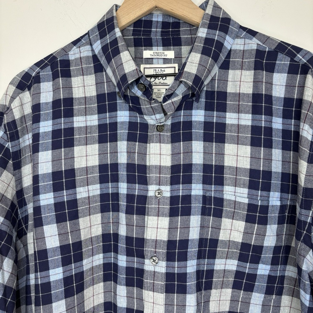 Jos A Bank Flannel Button Up Shirt Stretch XL Blue Plaid Preppy Casual Cabincore